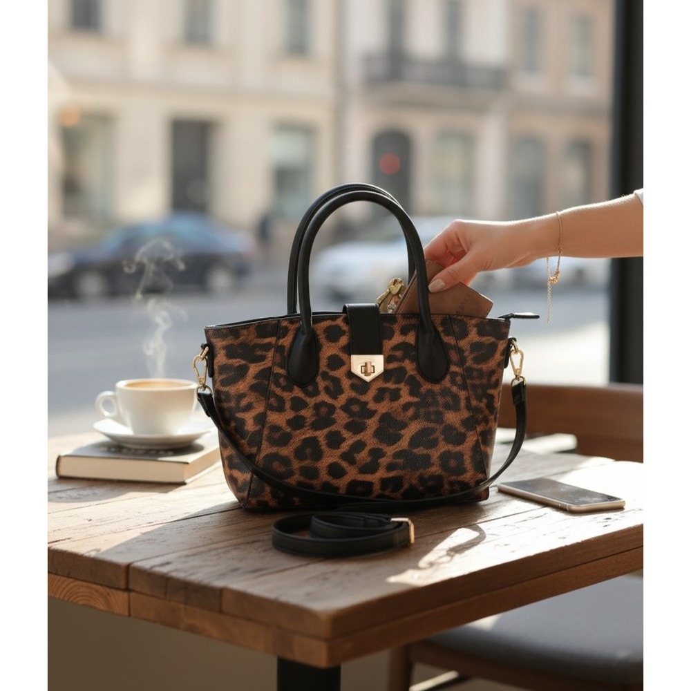 Leopard Print Satchel Bag – Black Handles & Gold Hardware - OS